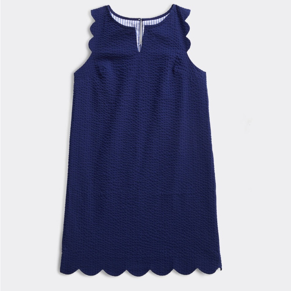 Vineyards Vines | Navy Blue Seersucker Shift Dress with Scalloped Hems
